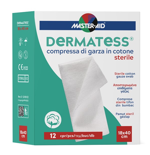 GARZA COMPRESSA MASTER-AID DERMATESS COTONE 18X40CM 12 PEZZI - farmacia015
