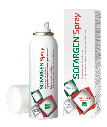MEDICAZIONE IN POLVERE SPRAY CON CAOLINO E ARGENTO SULFADIAZINA 1% SOFARGEN SPRAY 10 G BOMBOLETTA PRESSURIZZATA 125 ML - farmacia015