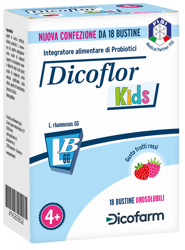 DICOFLOR KIDS 18 BUSTINE OROSOLUBILI GUSTO FRUTTI ROSSI - farmacia015