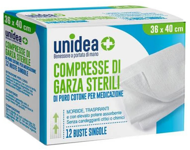 GARZA COMPRESSA UNIDEA COTONE 36X40 CM 12 PEZZI - farmacia015
